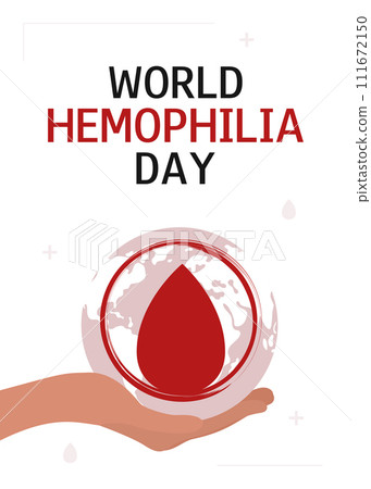 World Hemophilia Day. April 17. Haemophilia awareness day background. Blood drop with earth in human hand. Vertical banner, card, poster, flyer, presentation. World Hemophilia Day. April 17. Haemophilia awareness day background. Blood drop with earth in human hand. Vertical banner, card, poster, flyer, presentation. 111672150