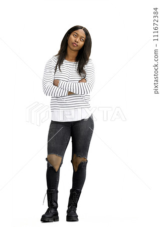 A woman, on a white background, in full height, crossed her arms A woman, on a white background, in full height, crossed her arms 111672384