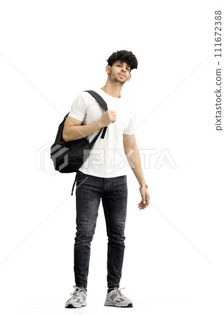 A man, on a white background, full-length, with a backpack A man, on a white background, full-length, with a backpack 111672388