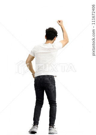 A man, on a white background, in full height, his hands raised up A man, on a white background, in full height, his hands raised up 111672406