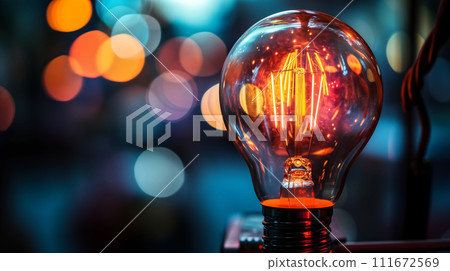 Glowing vintage Edison light bulb with a warm light, set against a blurred background with bokeh lights. Glowing vintage Edison light bulb with a warm light, set against a blurred background with bokeh lights. 111672569