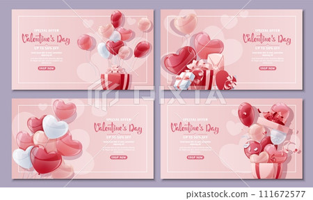 Set of banners for Valentine's Day. Background with balloons and gift box. Flyer, discount, advertising. The poster is ideal for holiday advertising. Set of banners for Valentine's Day. Background with balloons and gift box. Flyer, discount, advertising. The poster is ideal for holiday advertising. 111672577