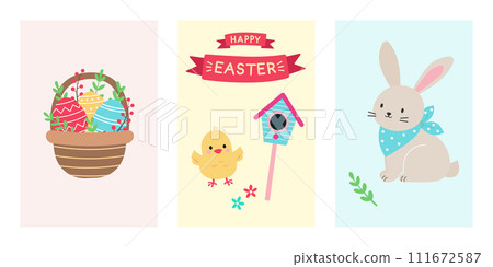Set of cards with Easter elements. Rabbit and chicken, basket with eggs and birdhouse. Festive ribbon with inscription. Flat vector illustration. 111672587