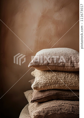 Stacked textured cushions in neutral tones, cozy home elegance. Ideal for interior design and home decor showcases. AI Generated. 111673017
