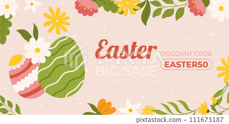 Easter sale horizontal background template for promotion. Design with painted eggs, floral elements. Hand drawn flat vector illustration. Easter sale horizontal background template for promotion. Design with painted eggs, floral elements. Hand drawn flat vector illustration. 111673187