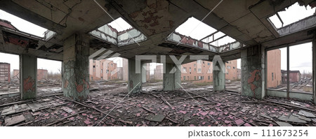 Abandoned urban spaces, unique angles, textures, and contrasting colors. Generative AI 111673254