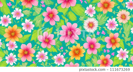 Vibrant flowers and lush plants pattern. Generative AI. 111673269