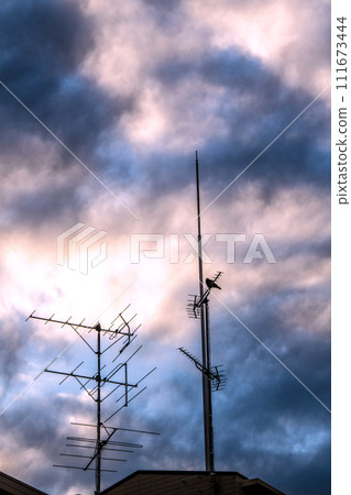 日本東京城市景觀 安裝在公寓大樓屋頂上的天線和雲彩...未來的電視將是什麼... 111673444