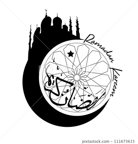 Ramadan Kareem logo design. Arabic text translation is Ramadhan. Crescent moon, Mosque silhouette and traditional islamic frame, vector arabic design isolated on white background Ramadan Kareem logo design. Arabic text translation is Ramadhan. Crescent moon, Mosque silhouette and traditional islamic frame, vector arabic design isolated on white background 111673615