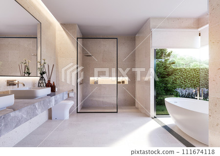 Minimal style modern luxury bathroom with nature view 3d render 111674118