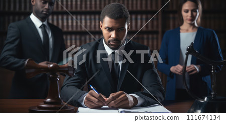 AI-generated content. Successful Caucasian Businessman and Team Working Together in Modern Office, Discussing Documents and Achieving Corporate Success 111674134