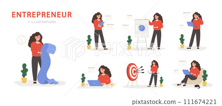 Set of female entrepreneurs. Successful women in various scenes. Modern office worker or business expert. Vector illustration in flat cartoon style 111674221