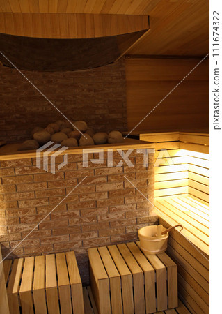 Steam Sauna Wooden Interior Detailed Photo Steam Sauna Wooden Interior Detailed Photo 111674322
