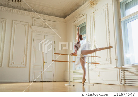 Young ballerina in tutu skirt stretching practicing ballet positions near ballet barre in dance class. Young classical dancer woman in dance studio. Ballet class training. Ballet school concept 111674548