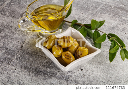 Grilled green olives appetizer snack 111674783