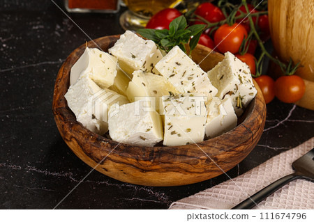Greek traditional Feta cheese cubes 111674796