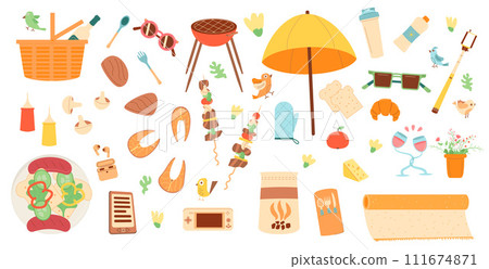Bbq element set. Grill and kebab elements isolated on white background. Summer picnic day meal in park or backyard. Vector flat illustration 111674871