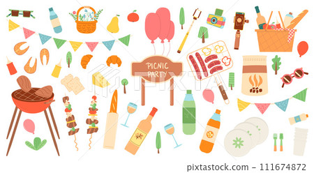 Picnic party set isolated on white background. Spring holiday celebration activity elements. Summer birthday meal in park. Grill, bbq, garland basket with beverages and food. Vector flat illustration 111674872