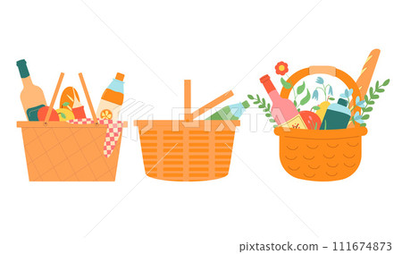Picnic baskets set isolated on white background. Cookout food and wine. Summer outdoor holiday activity elements. Vector flat illustration 111674873