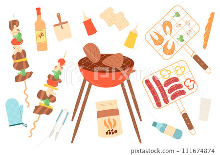 Bbq backyard picnic elements set. Spring grill items isolated on white background. Summer day lunch meal outdoor. Vector flat illustration 111674874