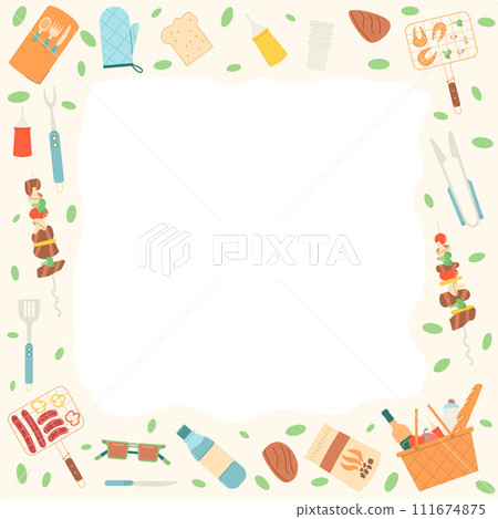 Picnic frame with copy space. Grill, basket with food, hat and gadgets square border. Summer outdoor holiday activity elements. Weekend bbq meal . Vector flat illustration 111674875
