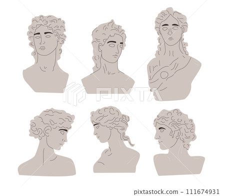 Ancient greek sculptures and busts in modern retro style set isolated on white background. Vector flat illustration Ancient greek sculptures and busts in modern retro style set isolated on white background. Vector flat illustration 111674931