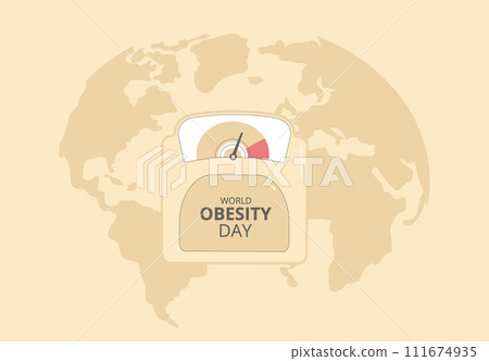 World obesity day banner template. Bathroom scale with overweight indicator on map background. Vector flat illustration 111674935