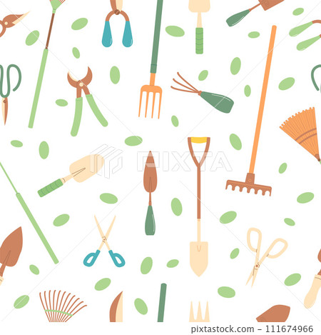 Gardening tools seamless pattern. Spring horticulture endless background. planting and work in backyard cover. Vector flat illustration Gardening tools seamless pattern. Spring horticulture endless background. planting and work in backyard cover. Vector flat illustration 111674966