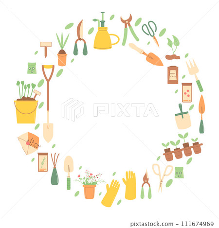 Gardening tools round frame set isolated on white background. Spring horticulture equipment in circle shape. Planting and work in backyard cover. Seeds, shovel and other items. Vector illustration 111674969