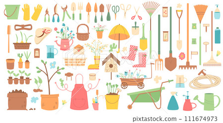 Gardening tools set isolated on white background. Spring horticulture equipment. Planting and work in backyard cover. Seeds, shovel and other items. Vector flat illustration Gardening tools set isolated on white background. Spring horticulture equipment. Planting and work in backyard cover. Seeds, shovel and other items. Vector flat illustration 111674973