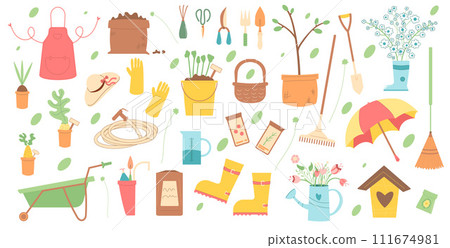 Gardening set isolated on white background. Spring horticulture equipment tools. Vector flat illustration 111674981
