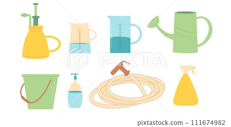 Watering tools set isolated on white background. Watering can hose Gardening horticulture equipment. Vector flat illustration 111674982
