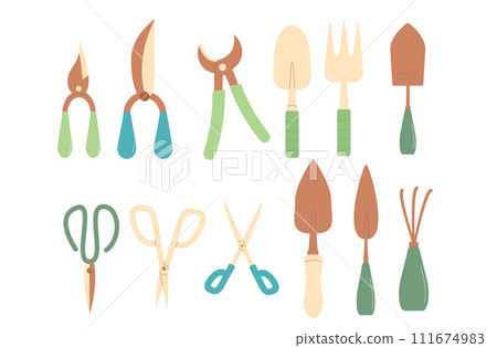 Gardening tools set isolated on white background. Spring horticulture equipment. Planting and work in backyard cover. Scissors, hoe shovel and other items. Vector flat illustration 111674983