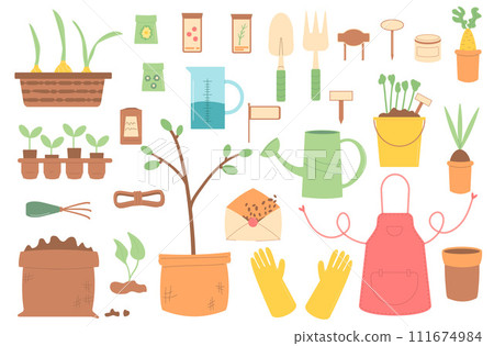 Gardening tools set. Agriculture seasonal element . Spring horticulture equipment. Planting and work in backyard. Seeds, shovel and sample, argon. Vector flat illustration 111674984