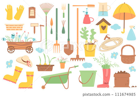 Gardening tools square banner set. Agriculture seasonal elements composition. Spring horticulture equipment. Planting and work in backyard. Seeds, shovel and sample, pot. Vector flat illustration Gardening tools square banner set. Agriculture seasonal elements composition. Spring horticulture equipment. Planting and work in backyard. Seeds, shovel and sample, pot. Vector flat illustration 111674985