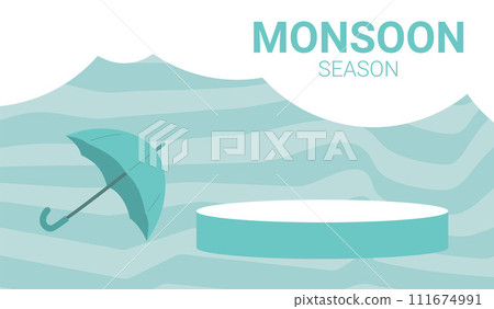 Monsoon season banner template. Podium and umbrella for advertising flyer offer background. Vector flat illustration Monsoon season banner template. Podium and umbrella for advertising flyer offer background. Vector flat illustration 111674991