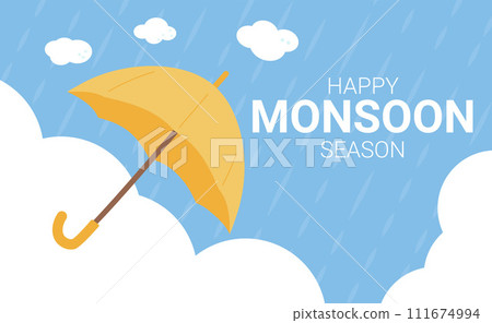 Happy Monsoon season banner template. Umbrella on windy and rainy background. Vector flat illustration 111674994