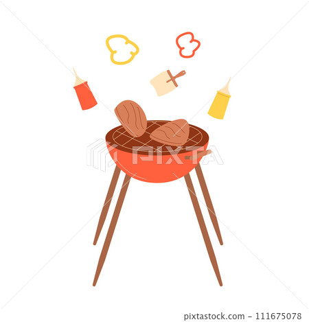 Grill bbq isolated on white background. Mangal brazier barbecue with meat and ketchup element Summer outdoor cookout. Vector flat illustration 111675078