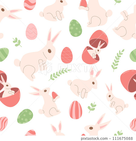 Easter eggs and rabbit seamless pattern. Spring holiday endless background with bunny. Celebration cover. Vector flat illustration Easter eggs and rabbit seamless pattern. Spring holiday endless background with bunny. Celebration cover. Vector flat illustration 111675088