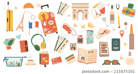 Travel France set. Visit to Paris elements isolated on white background. Trip to Europe country for adventure and rest. Holiday weekend vacation collection. Vector flat illustration Travel France set. Visit to Paris elements isolated on white background. Trip to Europe country for adventure and rest. Holiday weekend vacation collection. Vector flat illustration 111675101