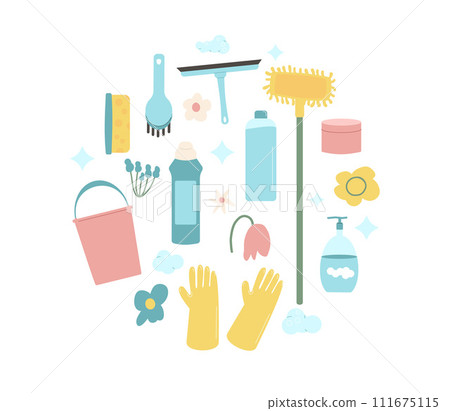 Spring cleaning circle composition isolated on white background Wash home tools set in round shape. Vector illustration 111675115