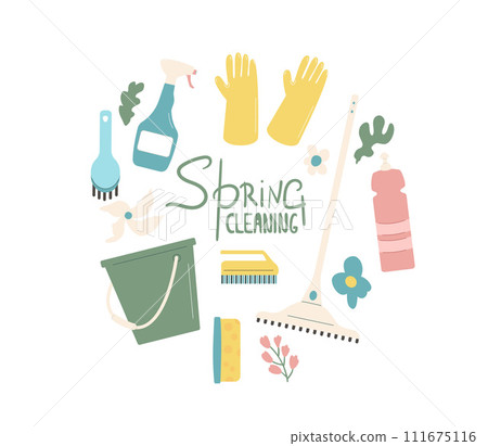 Spring cleaning round composition isolated on white background. Wash home tools with hand drawn lettering in circle shape. Vector flat illustration Spring cleaning round composition isolated on white background. Wash home tools with hand drawn lettering in circle shape. Vector flat illustration 111675116