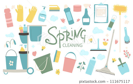 Spring cleaning set. Equipment elements for wash home isolated on white background. Housework concept. Bucket, gloves and mop spray various tools. Vector flat illustration 111675117