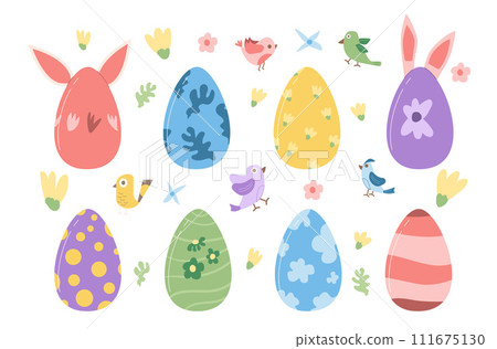 Easter eggs isolated on white background. Holiday design elements. Birds, painted symbols. Vector flat illustration Easter eggs isolated on white background. Holiday design elements. Birds, painted symbols. Vector flat illustration 111675130