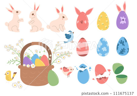 Easter set. Bunny, eggs and birds isolated on white background. Vector flat illustration 111675137