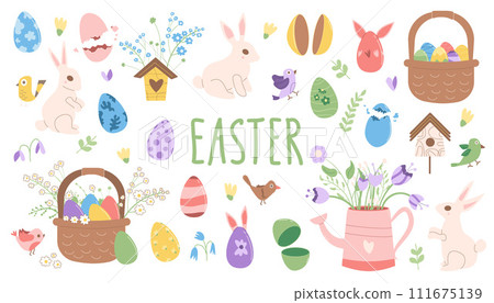 Easter elements set. Spring holiday party collection. Eggs, basket and bunny with flowers. Vector flat illustration Easter elements set. Spring holiday party collection. Eggs, basket and bunny with flowers. Vector flat illustration 111675139