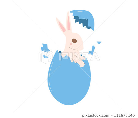 Easter egg with hatched bunny isolated on white background. Opened spring holiday symbol and rabbit inside. Vector flat illustration 111675140