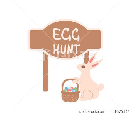 Easter eggs hunt event elements. Bunny with basket of eggs near tab pointer. Spring holiday party symbol with text. Celebration with entertainment. Vector flat illustration Easter eggs hunt event elements. Bunny with basket of eggs near tab pointer. Spring holiday party symbol with text. Celebration with entertainment. Vector flat illustration 111675145
