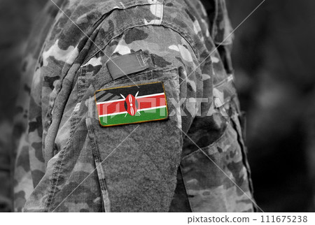 Flag of Kenya on soldiers arm. Kenya flag on military uniform. Army, troops, military, Africa (collage). 111675238