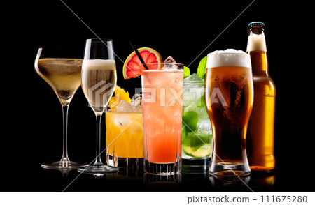 Set and collection of classic alcohol cocktails or mocktail isolated on black background with fresh summer fruits 111675280